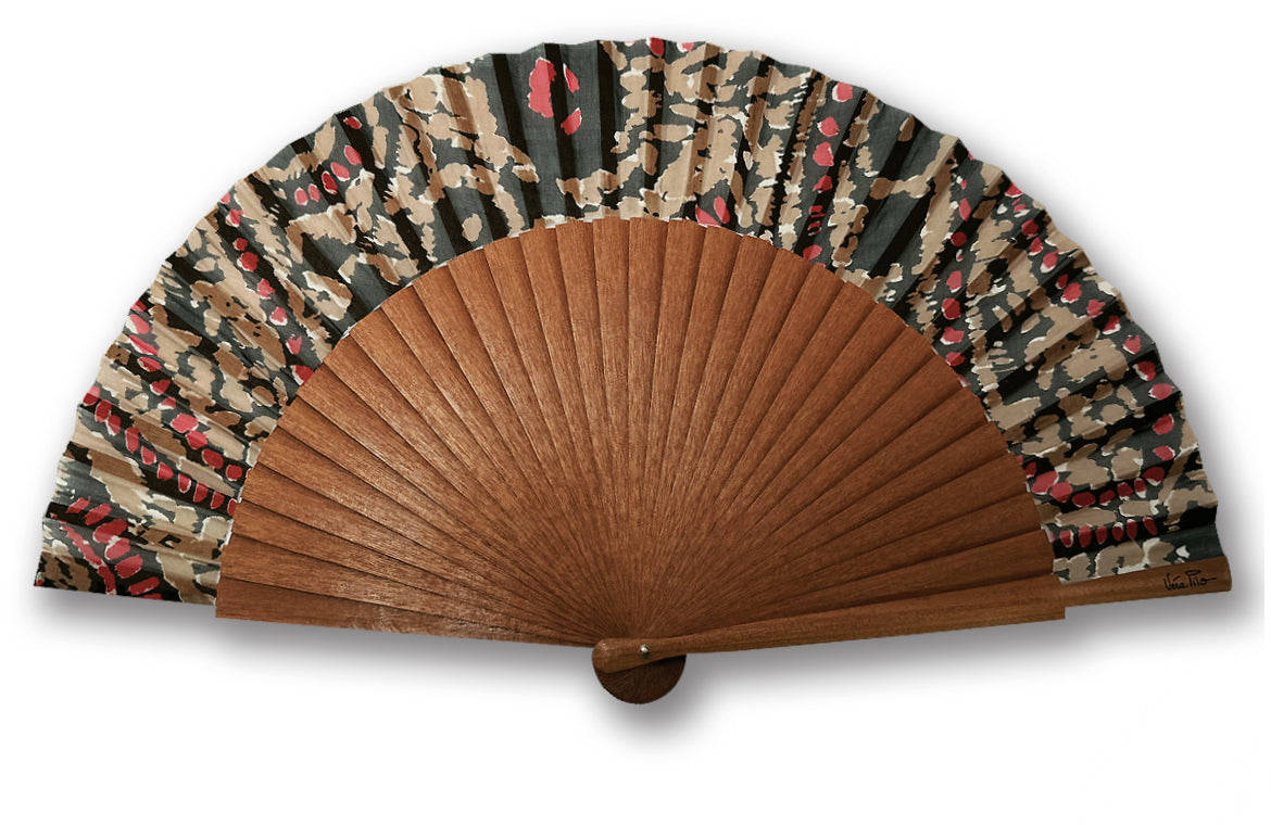 Une jolie monture en bois exotique de Bubinga, un imprimé en mousseline de coton aux tonalités brunes, l&